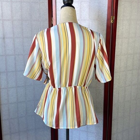 Pink Rose Retro 70s Vibe Faux Wrap Striped Peplum Blouse (Size: Large) - Picture 8 of 12